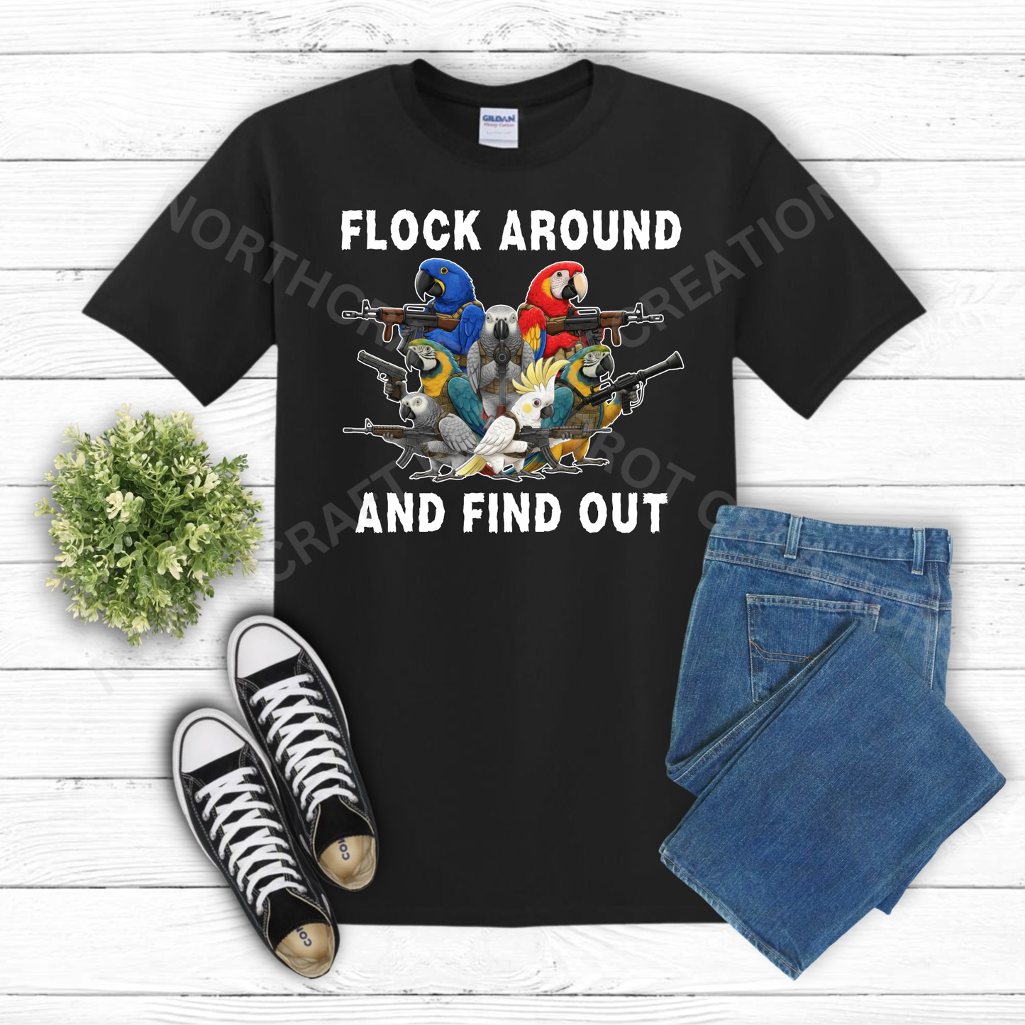 "Flock Around and Find Out" Armed Parrots 100% Cotton Shirt