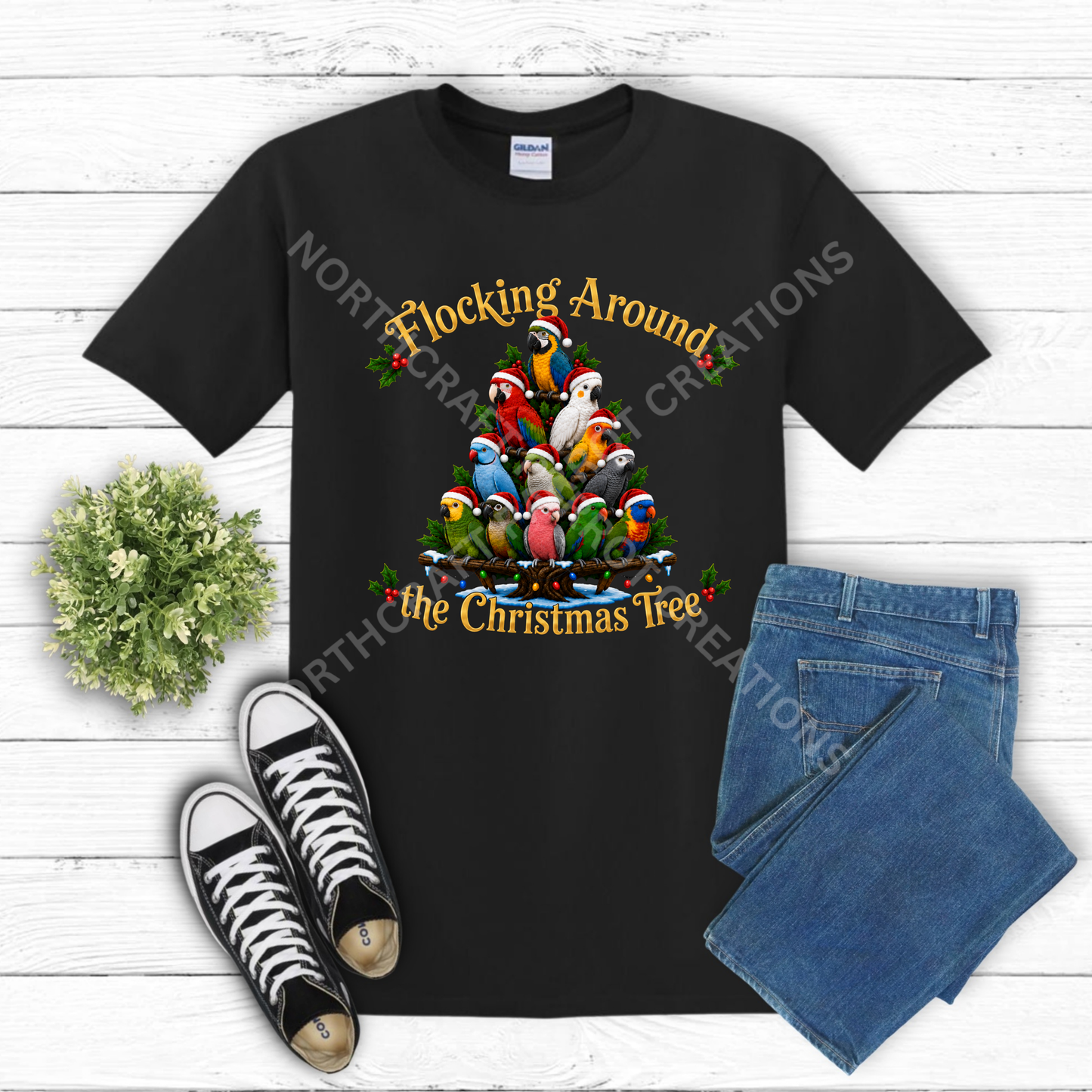 "Flocking Around the Christmas Tree" 100% Cotton Parrot Shirt
