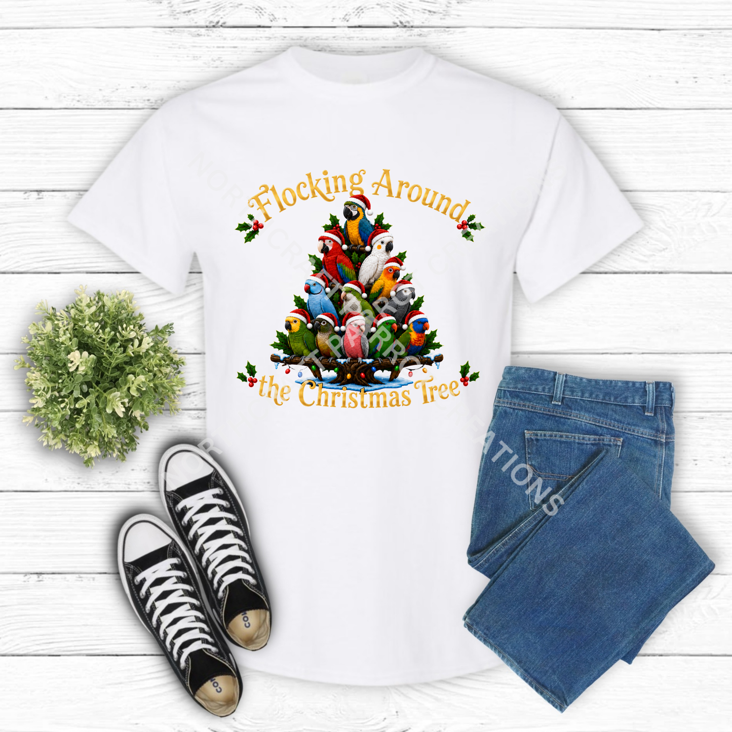 "Flocking Around the Christmas Tree" 100% Cotton Parrot Shirt