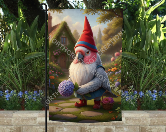 Galah (Rose-Breasted) Cockatoo dressed as Gnome with purple flower garden flag