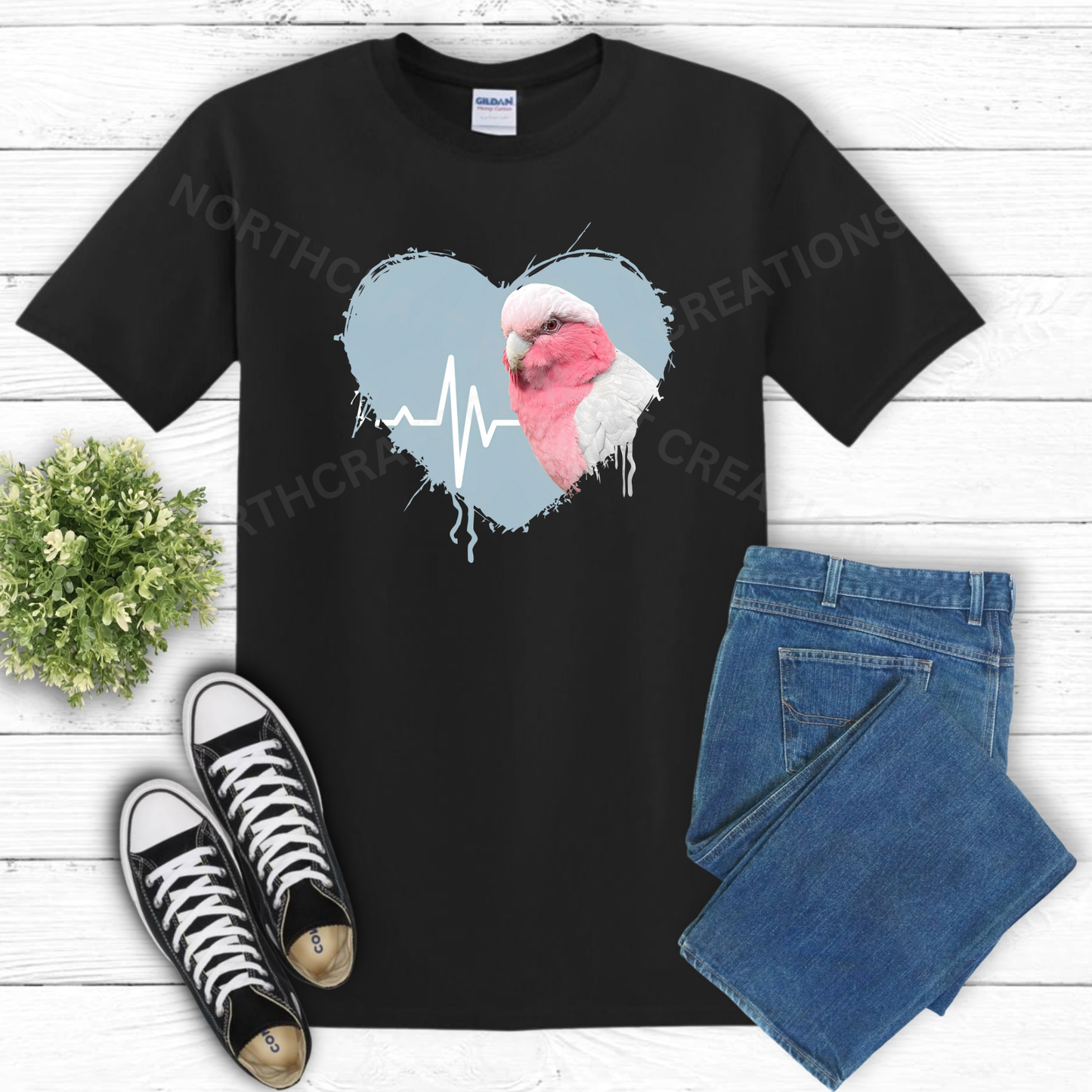 Galah Cockatoo (Rose-Breasted) in heart with heartbeat line 100% Cotton Shirt