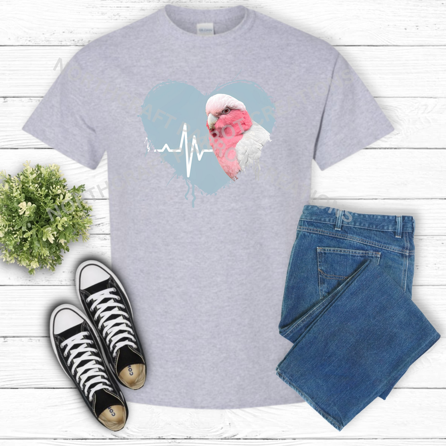 Galah Cockatoo (Rose-Breasted) in heart with heartbeat line 100% Cotton Shirt