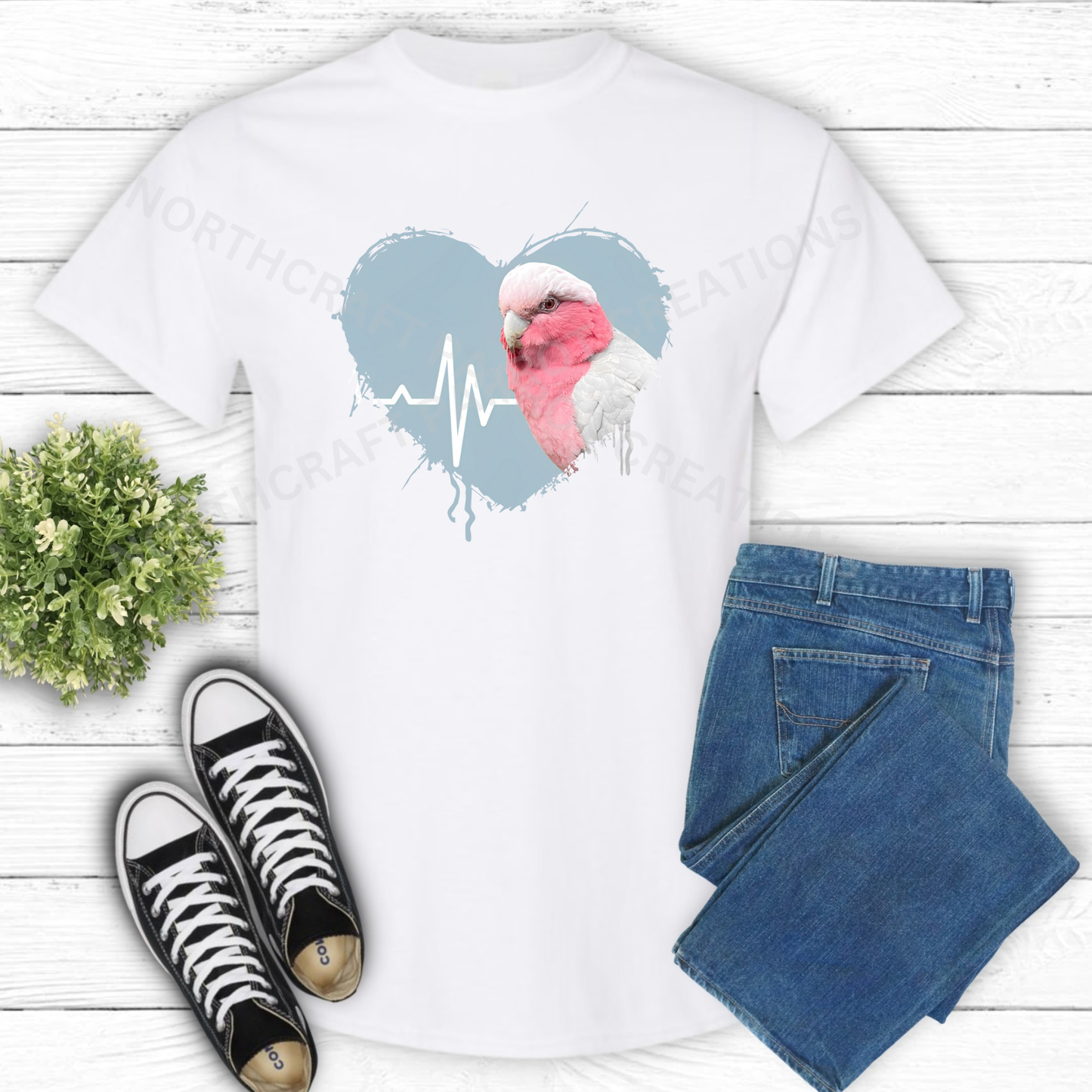 Galah Cockatoo (Rose-Breasted) in heart with heartbeat line 100% Cotton Shirt