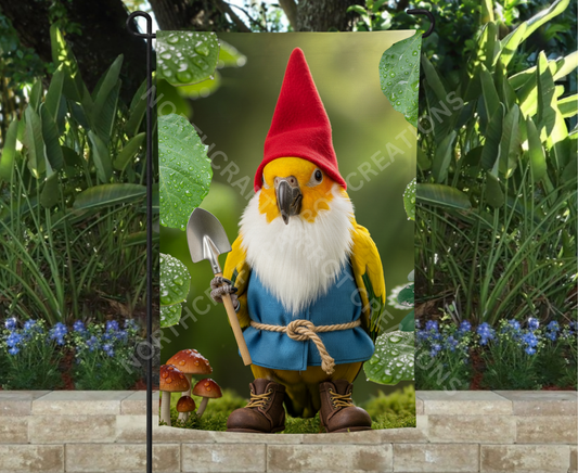 Golden Conure Garden Gnome with Shovel Garden Flag