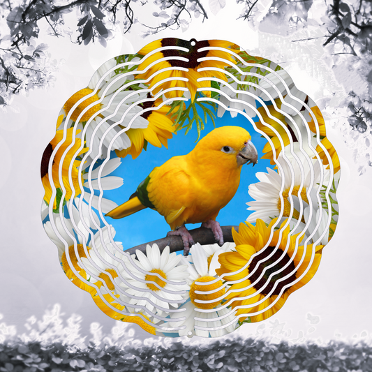 Golden Conure with Sunflowers and Daisies 8" or 10" Wind Spinner