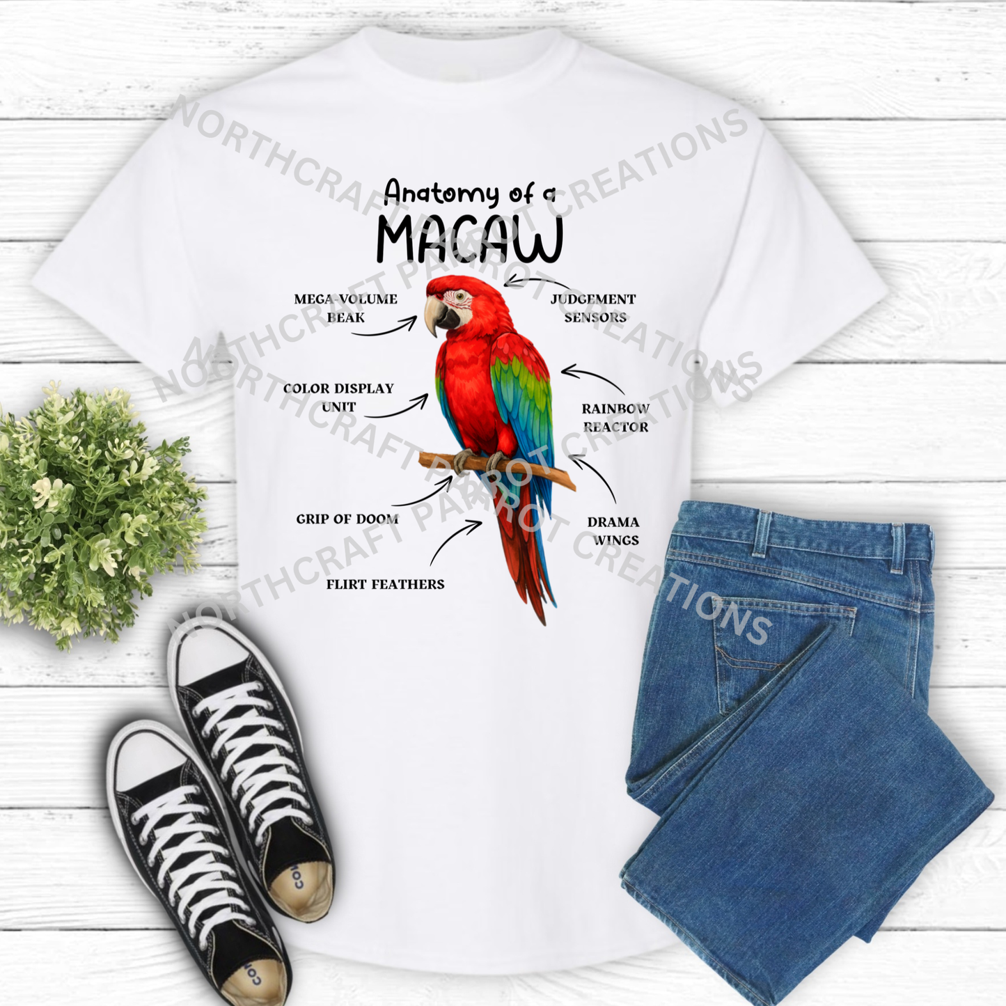 Green-winged Macaw (Greenwing) "Anatomy of a Macaw" Descriptive Labels 100% Cotton Parrot Shirt