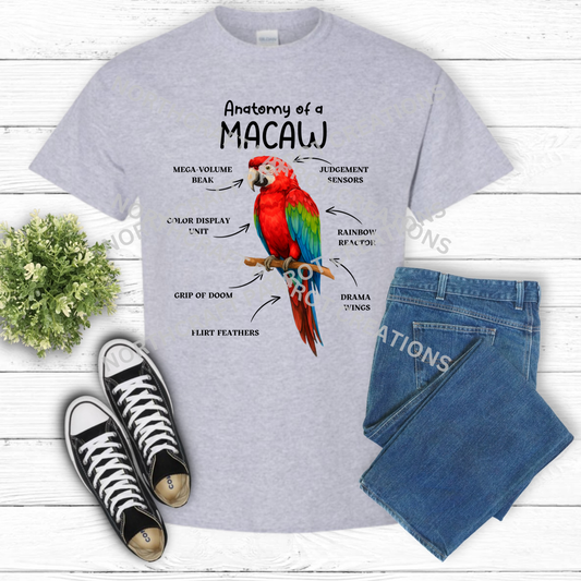 Green-winged Macaw (Greenwing) "Anatomy of a Macaw" Descriptive Labels 100% Cotton Parrot Shirt