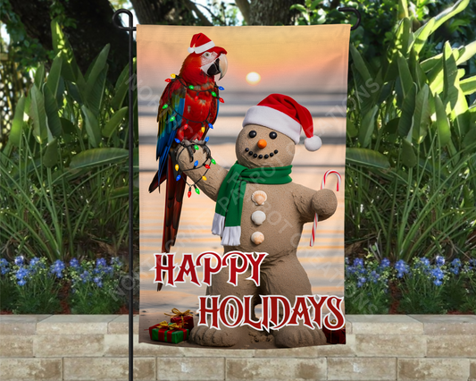 Green-winged (Greenwing) Macaw with a Sand Gingerbread Man Christmas Garden Flag