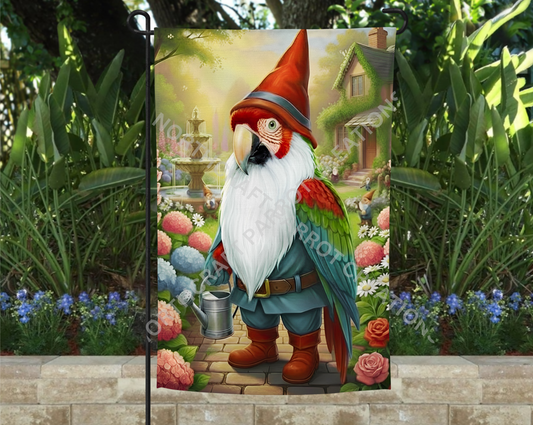 Green-winged (Greenwing) Macaw Dressed as Gnome with Watering Can Garden Flag
