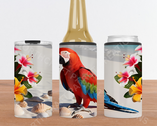 Green-winged Macaw (Greenwing) on Beach with Flowers 4-in-1 Stainless Steel Can Cooler