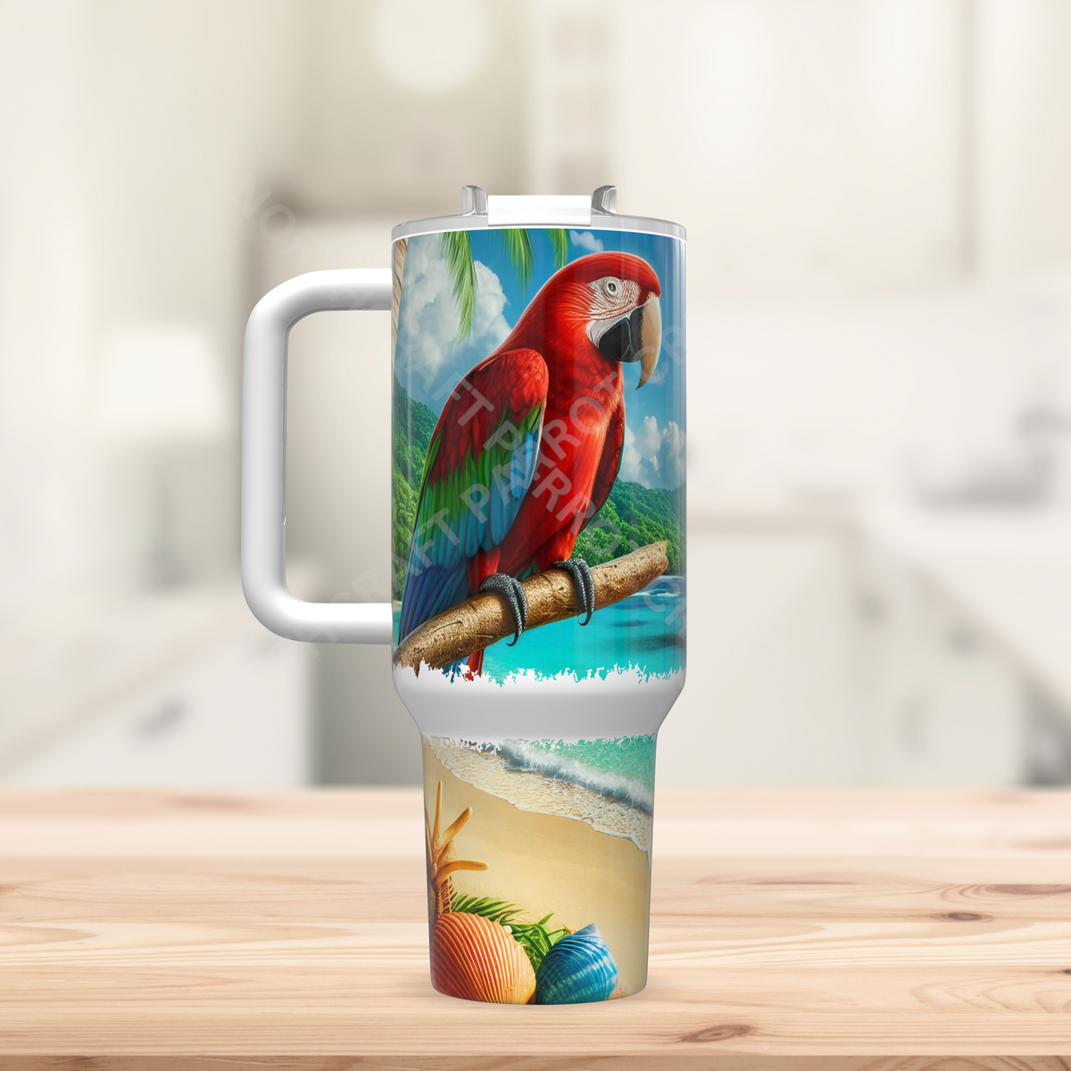 Green-winged Macaw (Greenwing) on Beach 40oz Stainless Steel Tumbler