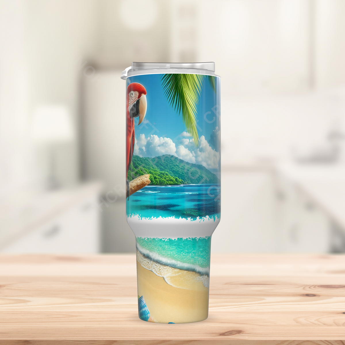 Green-winged Macaw (Greenwing) on Beach 40oz Stainless Steel Tumbler
