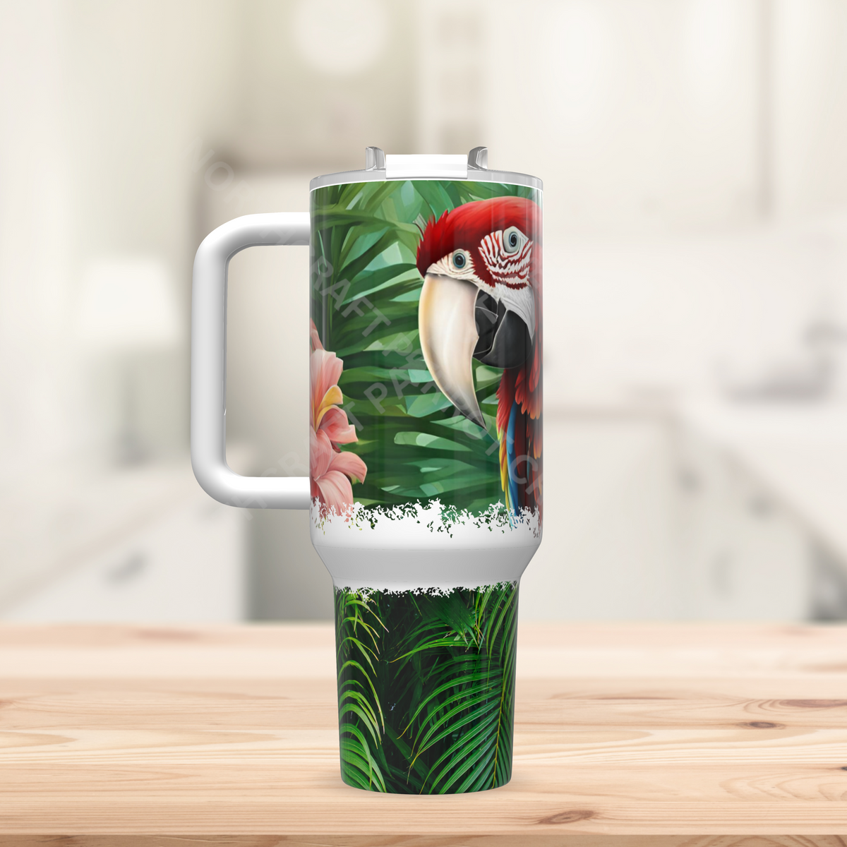 Green-winged Macaw (Greenwing) Head Shot with Ferns 40oz Stainless Steel Tumbler
