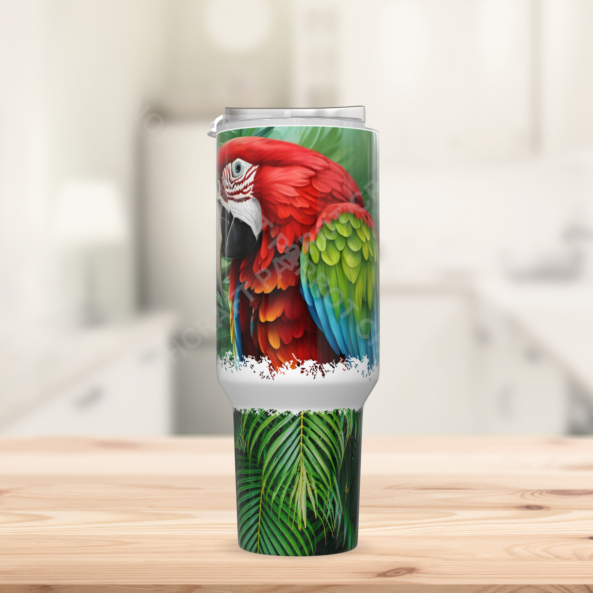 Green-winged Macaw (Greenwing) Head Shot with Ferns 40oz Stainless Steel Tumbler