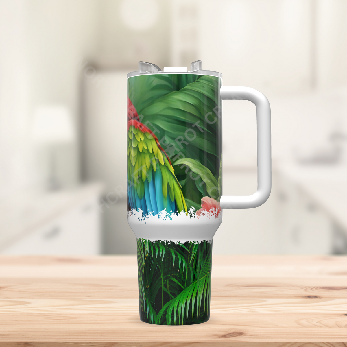 Green-winged Macaw (Greenwing) Head Shot with Ferns 40oz Stainless Steel Tumbler