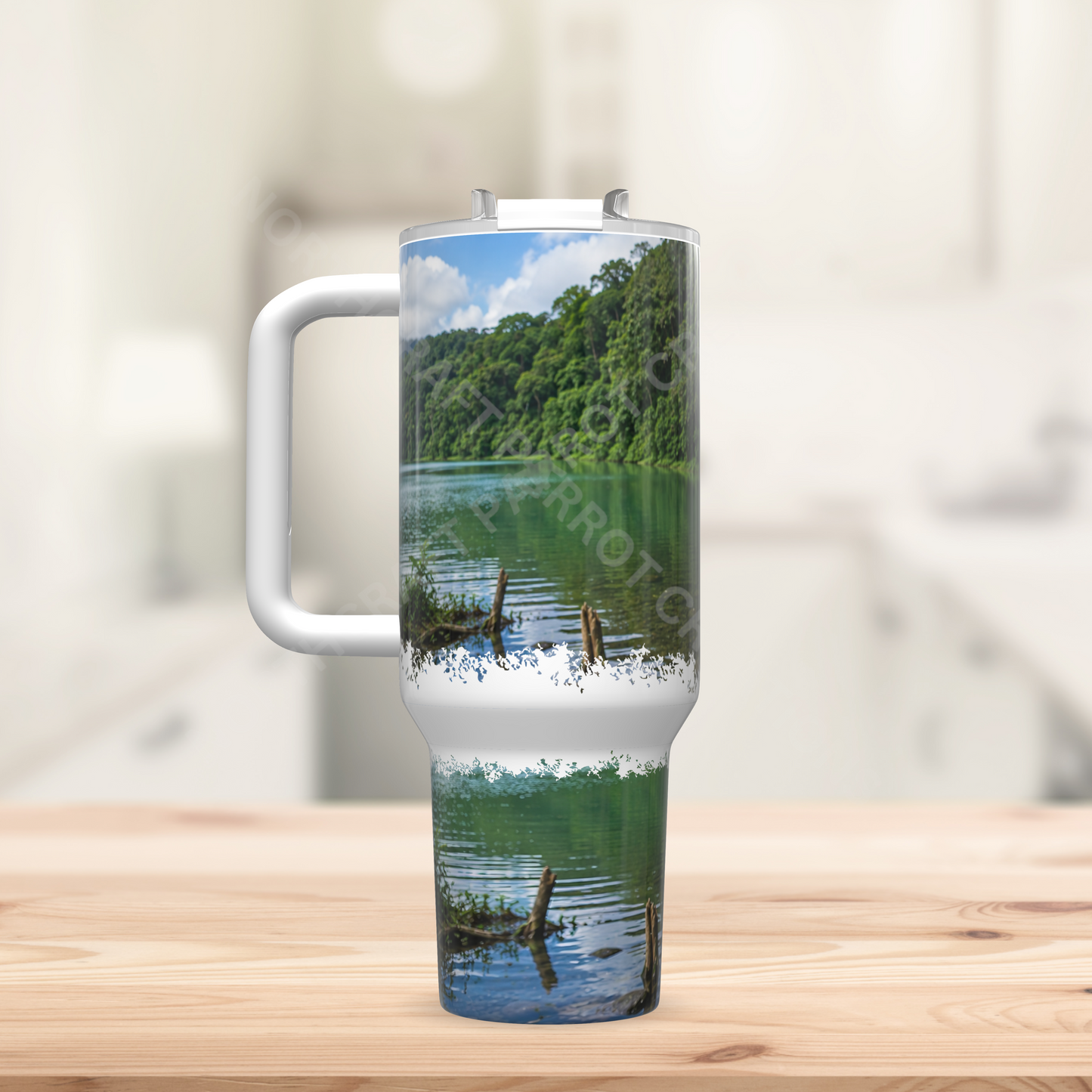 Green-winged (Greenwing) Macaw on branch with Lake 40oz Stainless Steel Parrot Tumbler