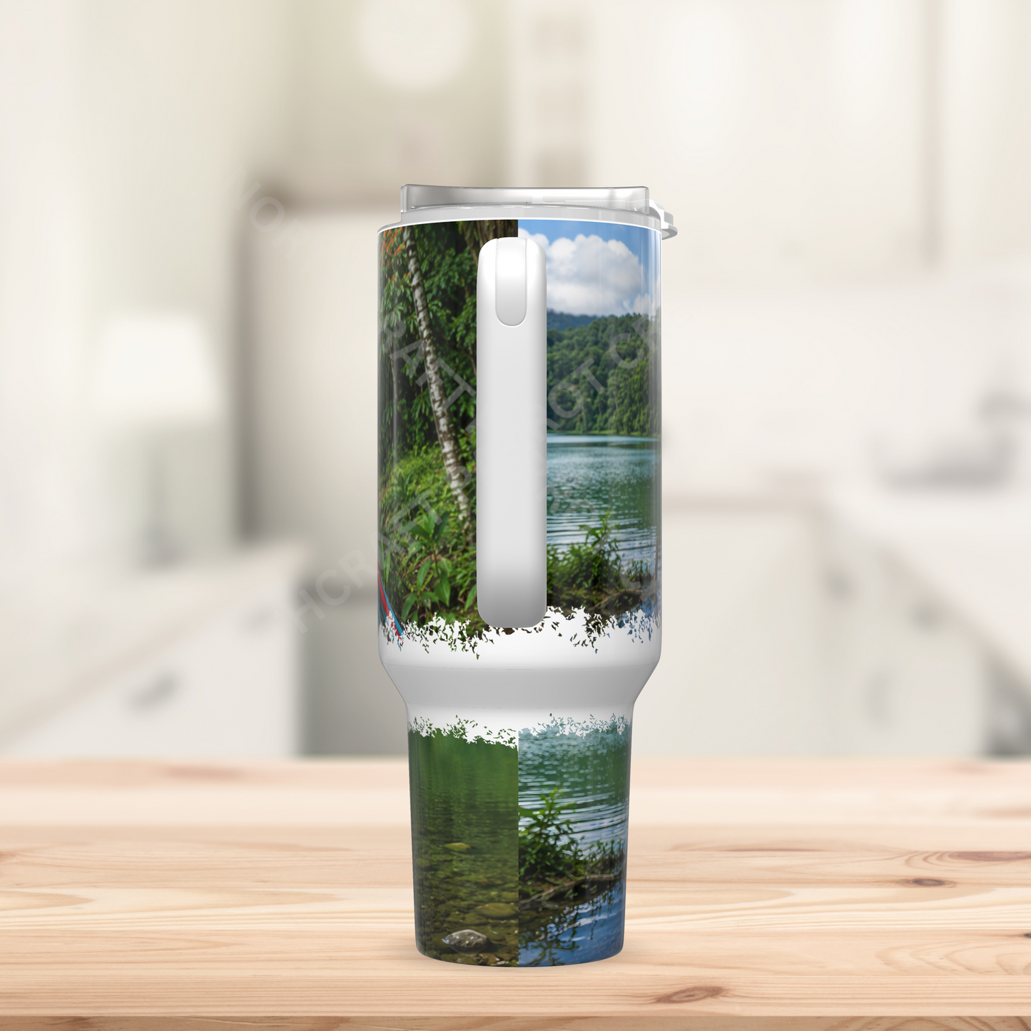 Green-winged (Greenwing) Macaw on branch with Lake 40oz Stainless Steel Parrot Tumbler