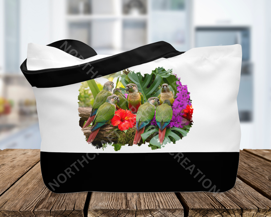 Green Cheek Conure Flock with Flowers Canvas Tote Bag