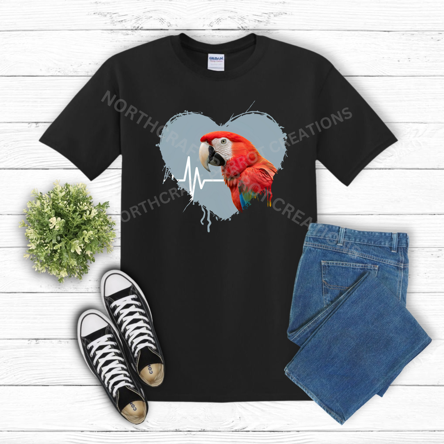 Greenwing Macaw (Green-Winged) in heart with heartbeat line 100% Cotton Shirt