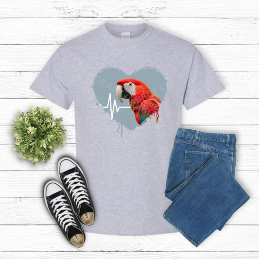 Greenwing Macaw (Green-Winged) in heart with heartbeat line 100% Cotton Shirt