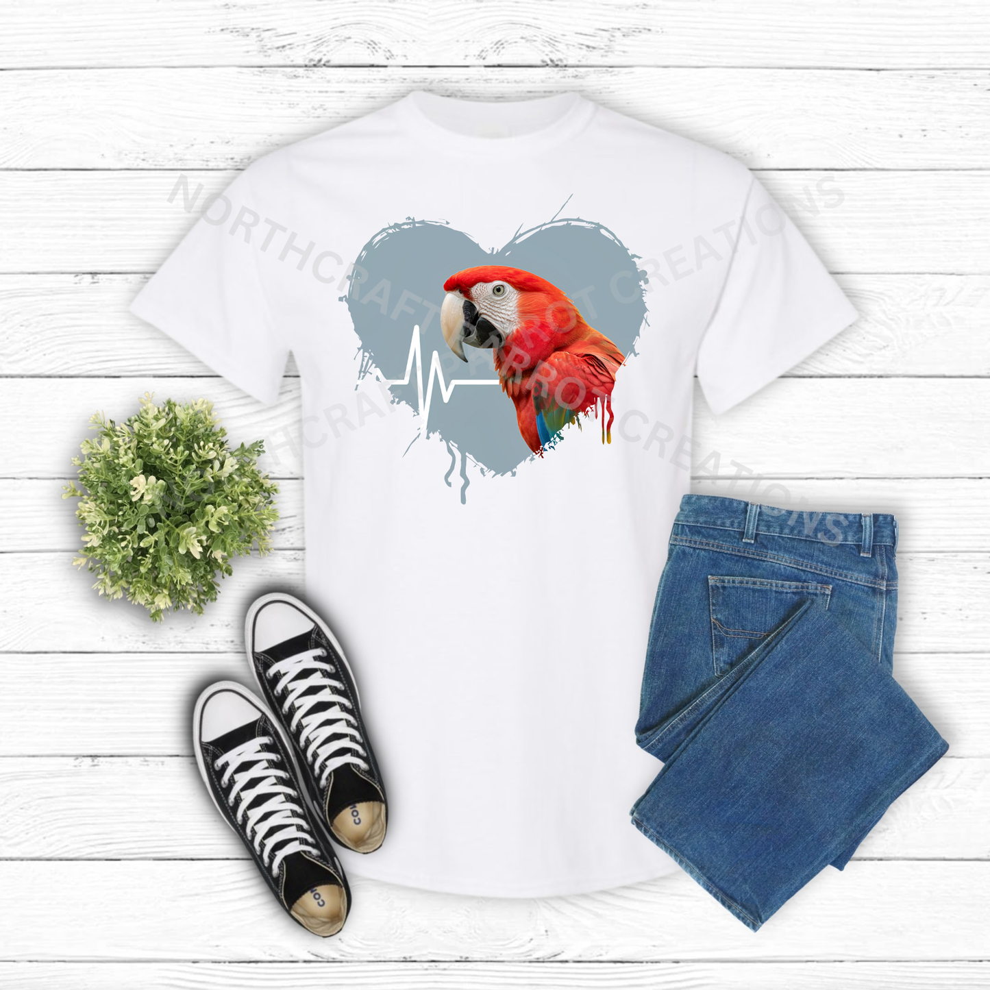 Greenwing Macaw (Green-Winged) in heart with heartbeat line 100% Cotton Shirt
