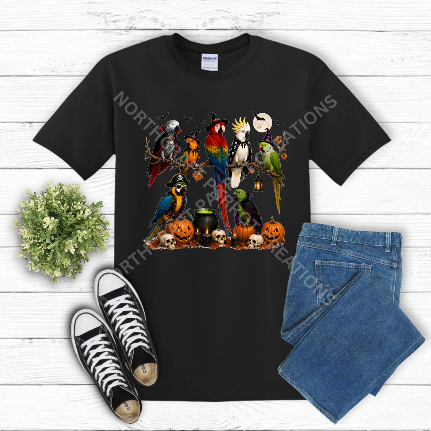 Halloween Parrots in costumes on branch 100% Cotton Parrot Shirt