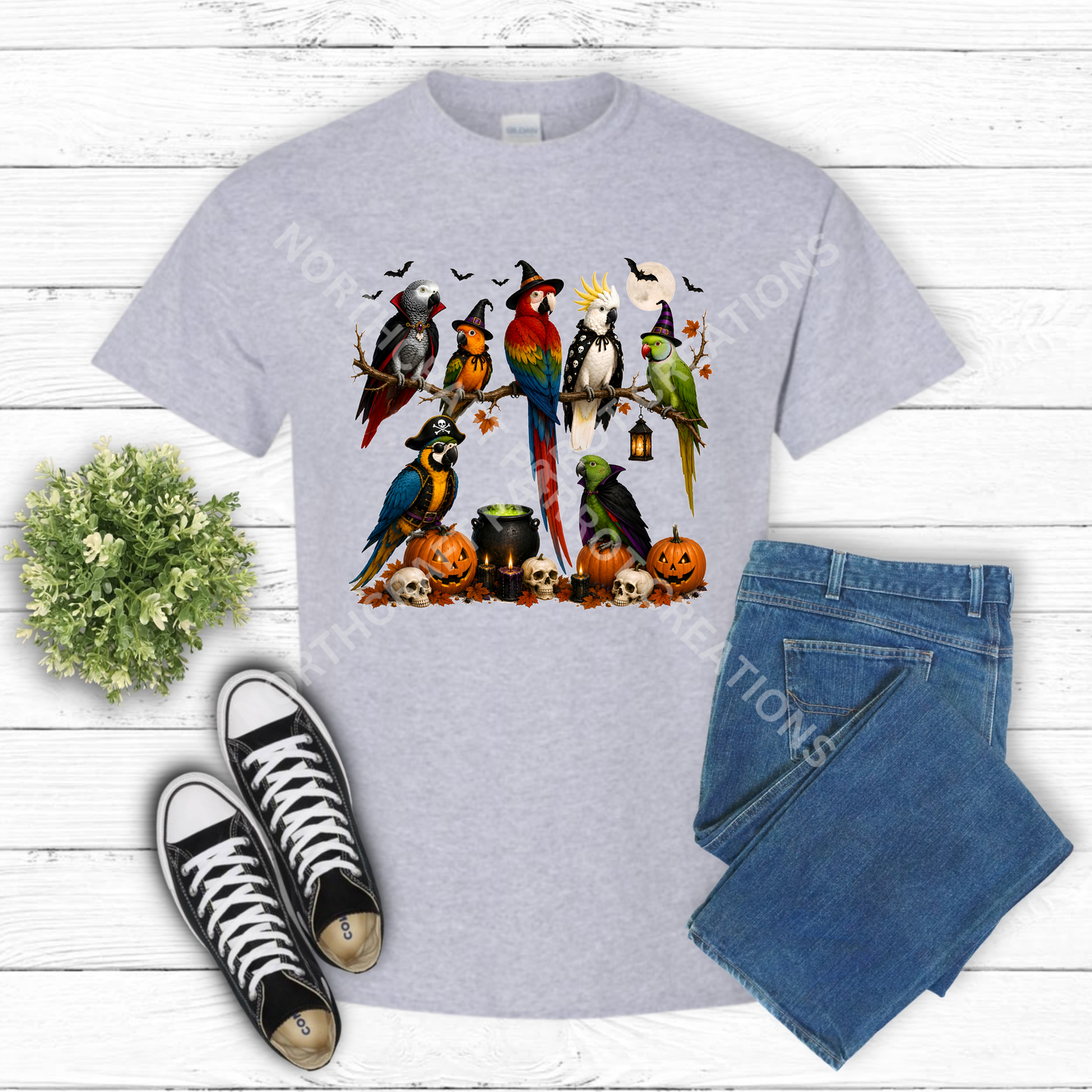 Halloween Parrots in costumes on branch 100% Cotton Parrot Shirt