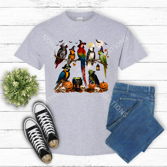 Halloween Parrots in costumes on branch 100% Cotton Parrot Shirt
