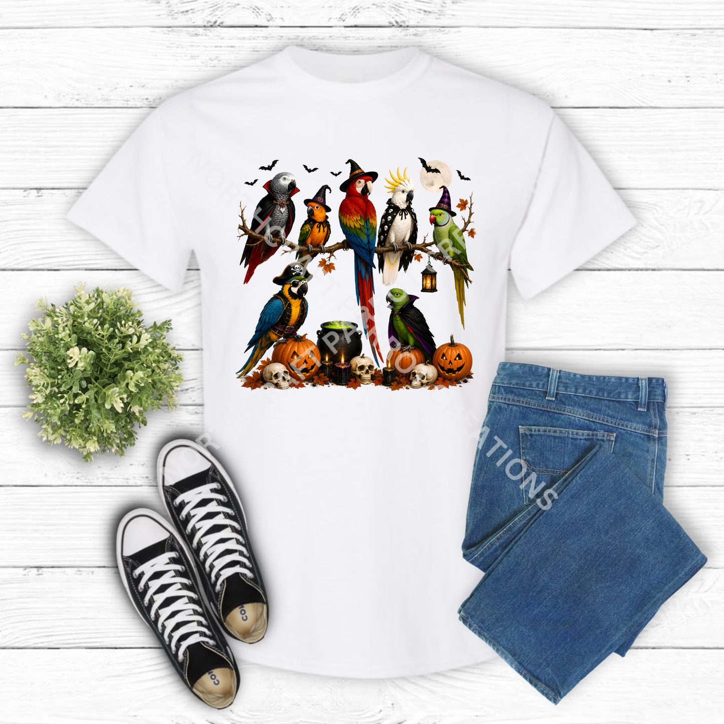 Halloween Parrots in costumes on branch 100% Cotton Parrot Shirt