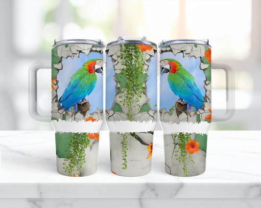 Harlequin Macaw Through a Cracked Stone Wall 40oz Tumbler