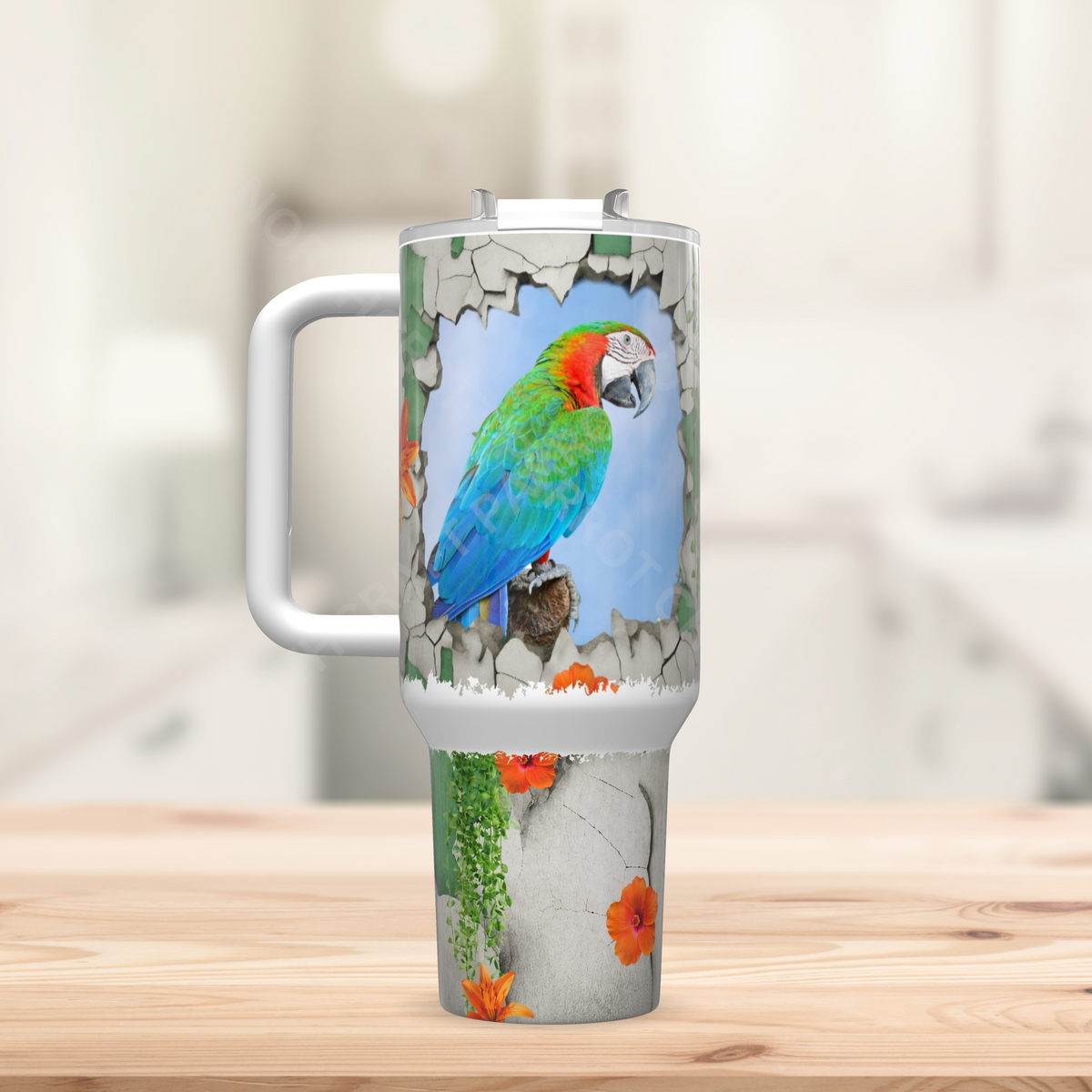 Harlequin Macaw Through a Cracked Stone Wall 40oz Stainless Steel Tumbler