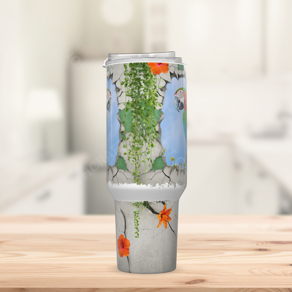 Harlequin Macaw Through a Cracked Stone Wall 40oz Stainless Steel Tumbler