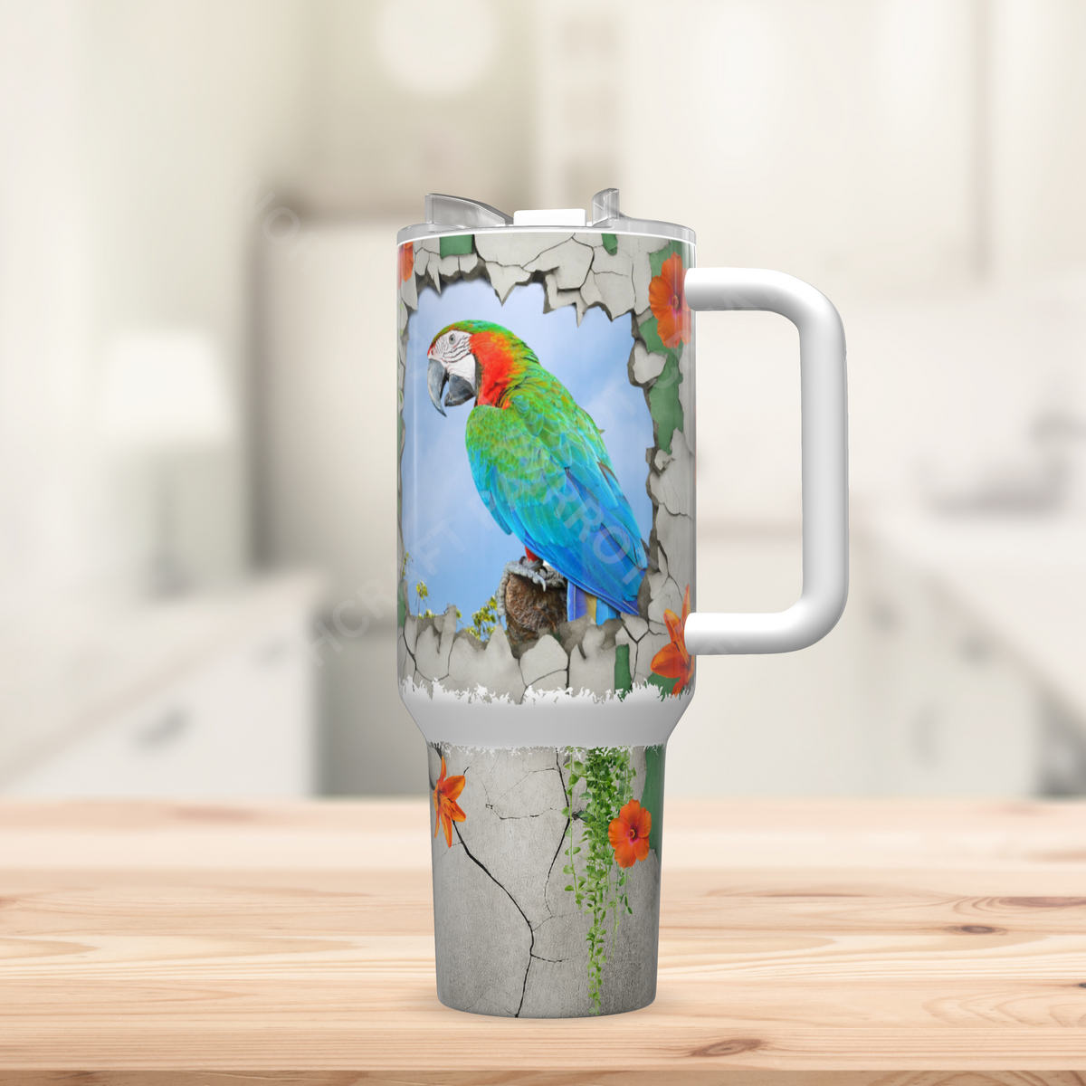 Harlequin Macaw Through a Cracked Stone Wall 40oz Stainless Steel Tumbler