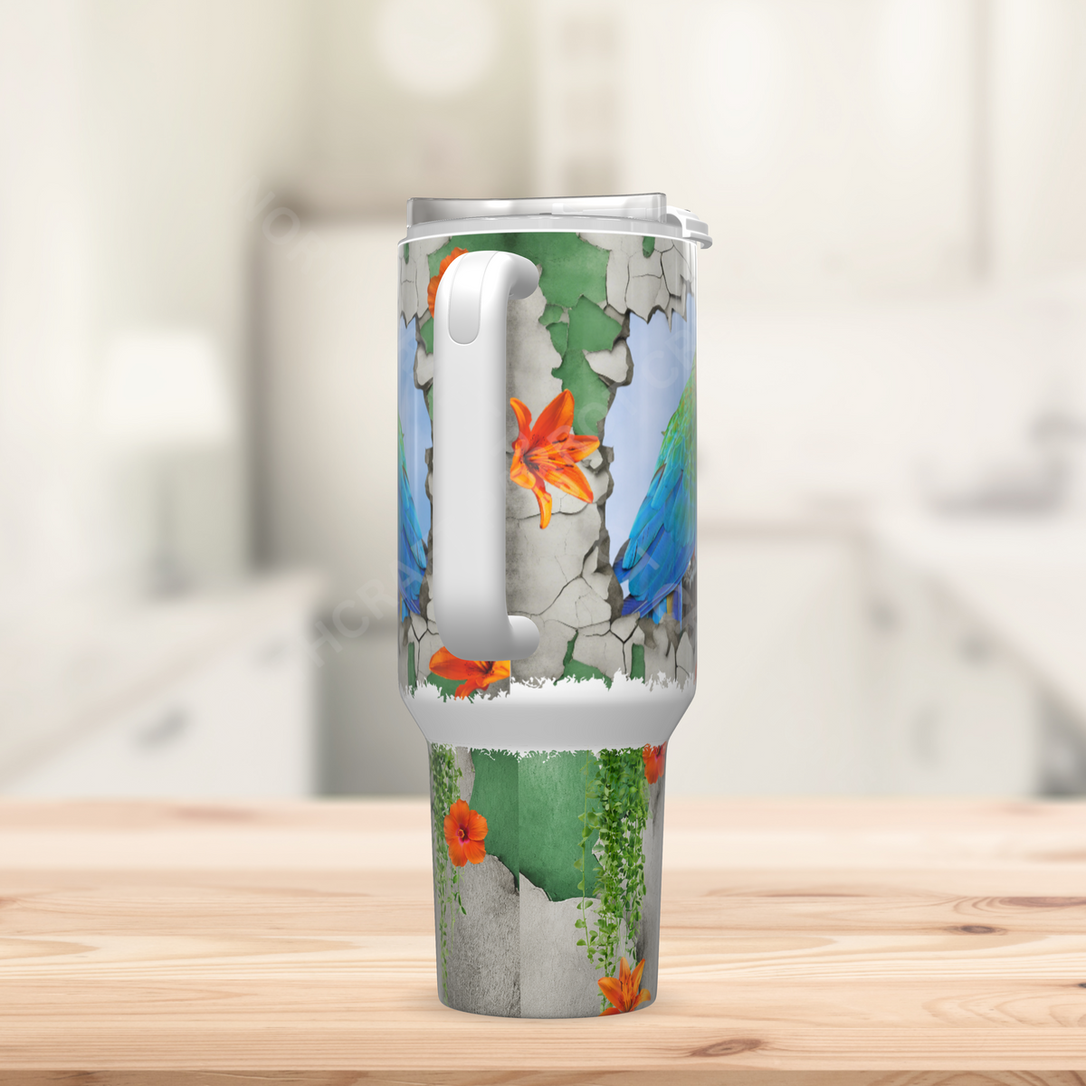 Harlequin Macaw Through a Cracked Stone Wall 40oz Stainless Steel Tumbler