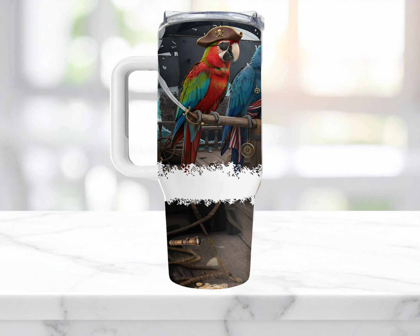 Hyacinth & Green-winged Macaws in a Pirate Theme 40oz Stainless Steel Tumbler