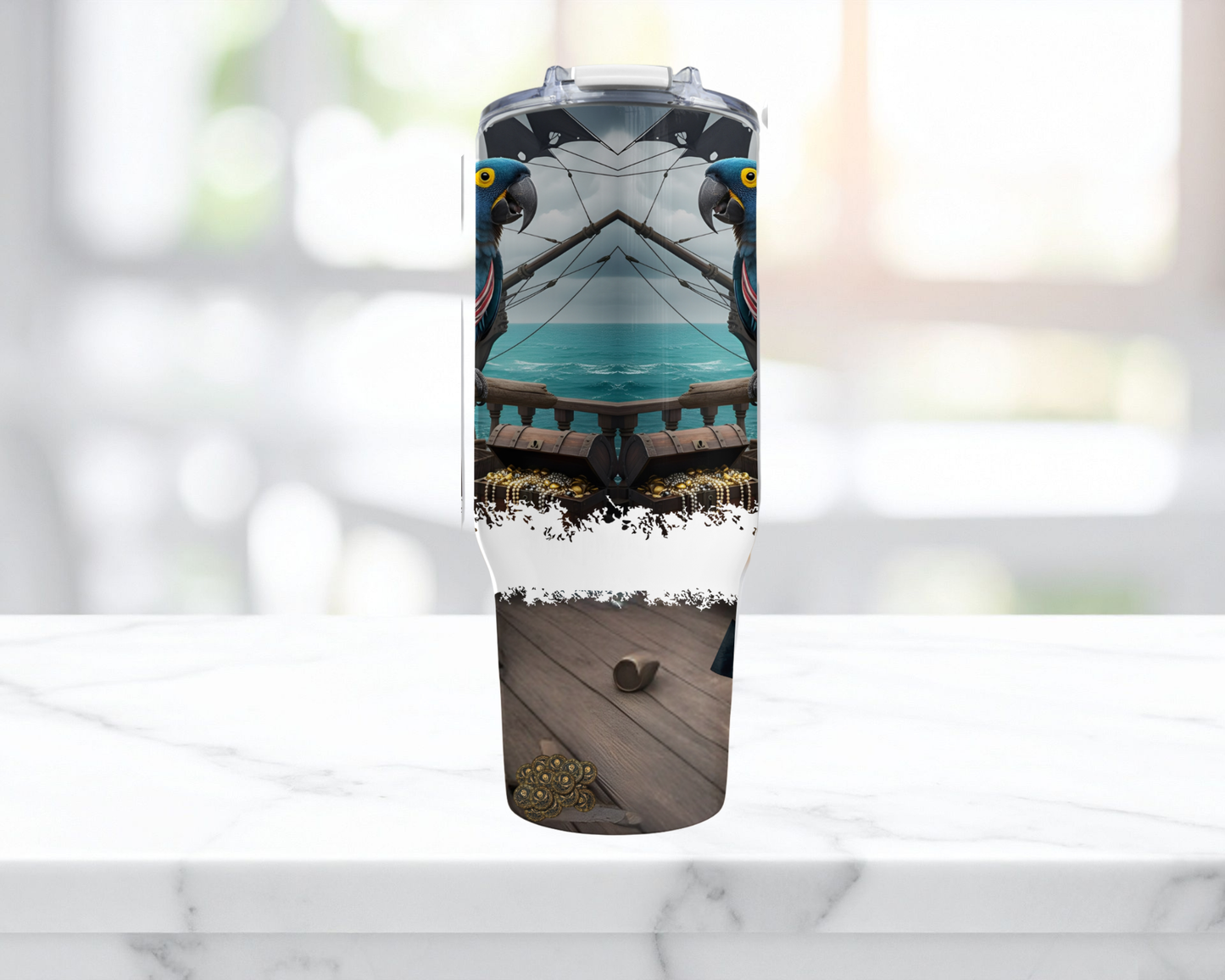 Hyacinth & Green-winged Macaws in a Pirate Theme 40oz Stainless Steel Tumbler