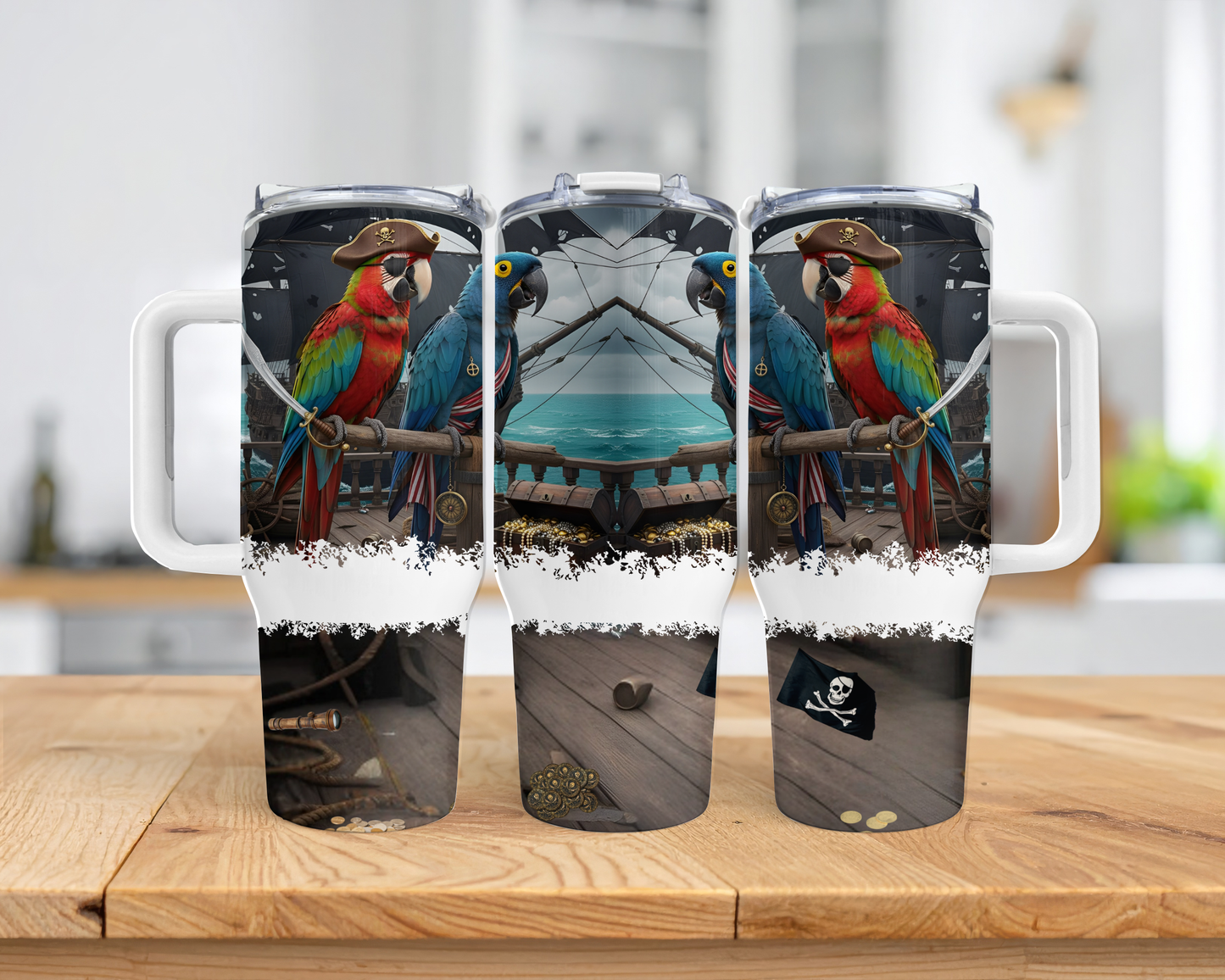 Hyacinth & Green-winged Macaws in a Pirate Theme 40oz Stainless Steel Tumbler