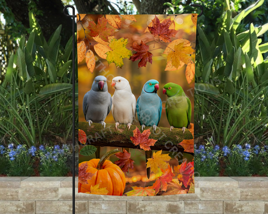 Indian Ringneck Flock Leaves and Pumpkin Garden Flag