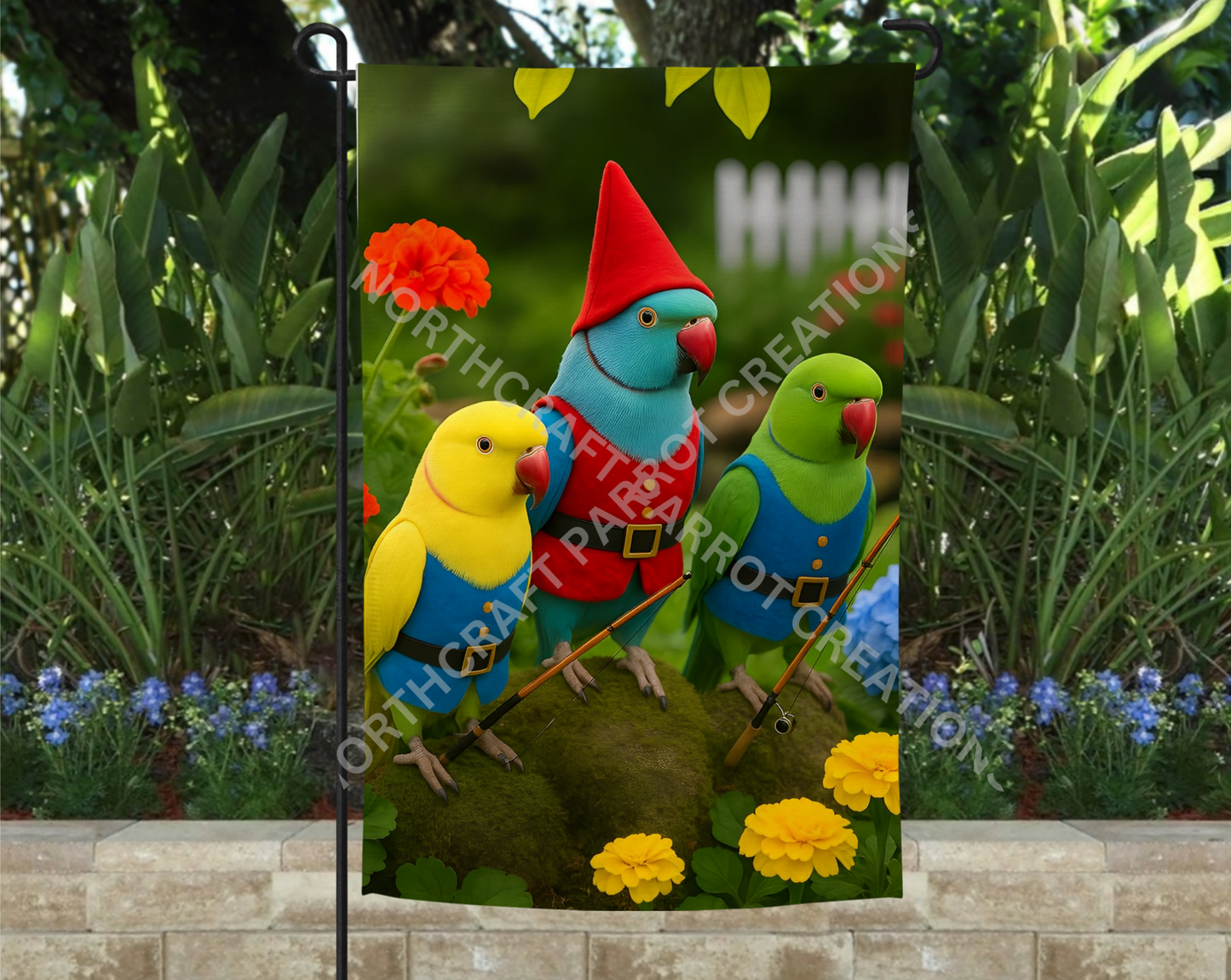 Indian Ringneck Gnome Trio Fishing Garden Flag