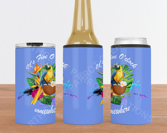 "It's Five O'clock Somewhere" Blue Background 4-in-1 Stainless Steel Can Cooler