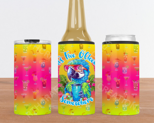 "It's Five O'clock Somewhere" Yellow Pink Drink Background 4-in-1 Stainless Steel Can Cooler