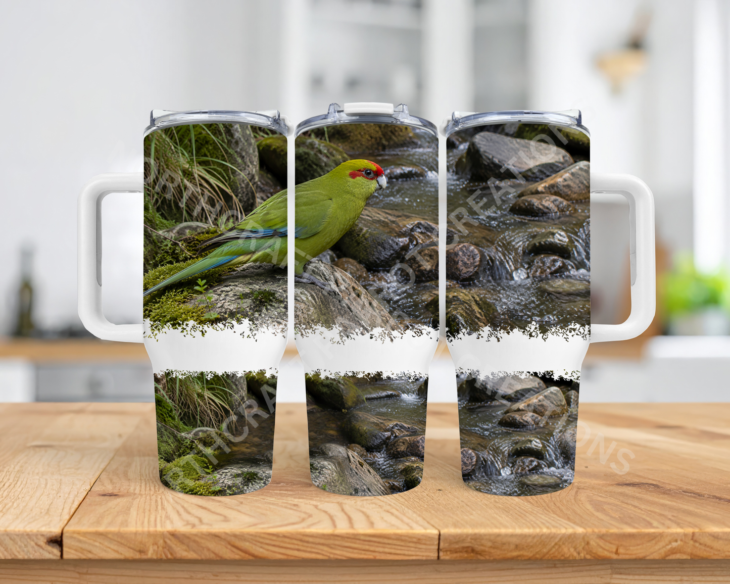 Kakariki on Rocks Next to a Stream 40oz Stainless Steel Parrot Tumbler