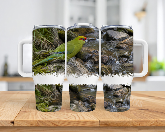 Kakariki on Rocks Next to a Stream 40oz Stainless Steel Parrot Tumbler