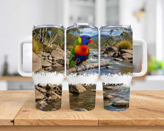 Lorikeet on Branch Amid a Rock Stream 40oz Stainless Steel Parrot Tumbler