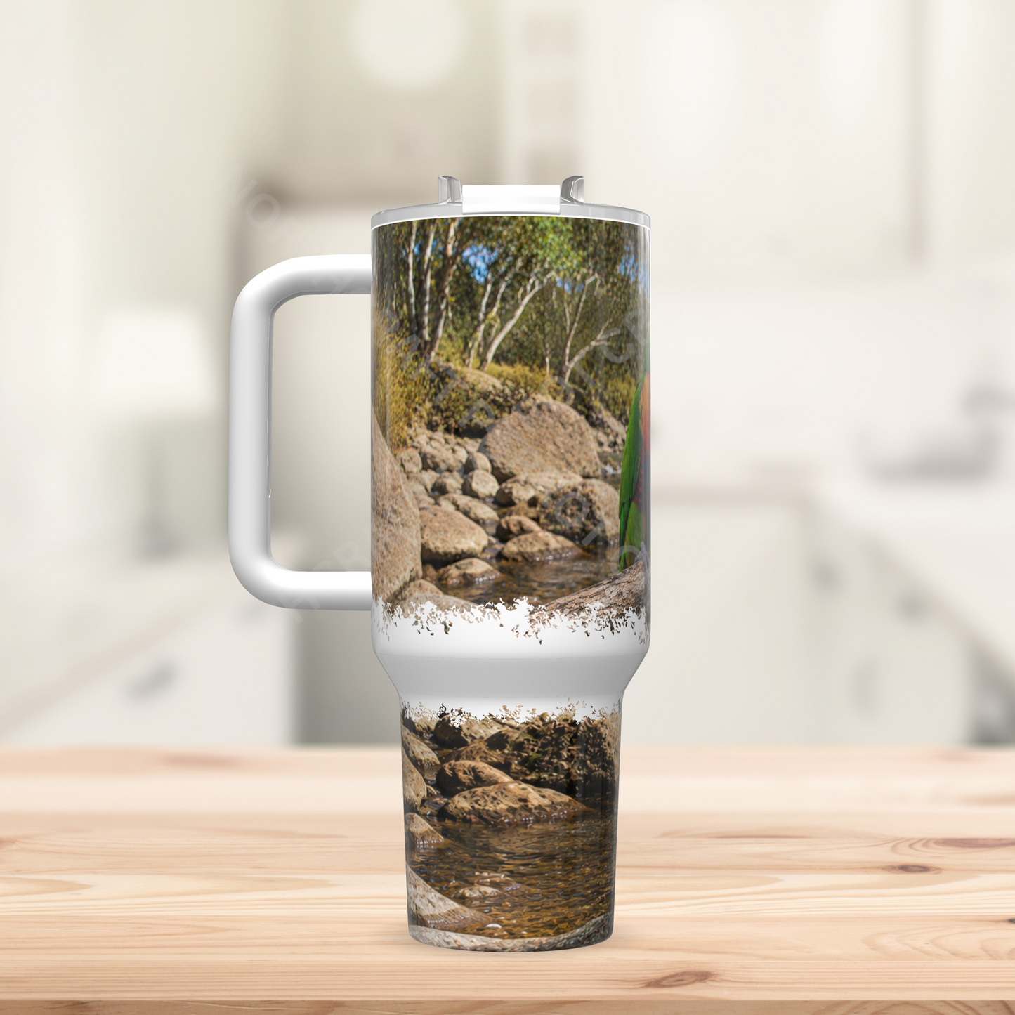 Lorikeet on Branch Amid a Rock Stream 40oz Stainless Steel Parrot Tumbler