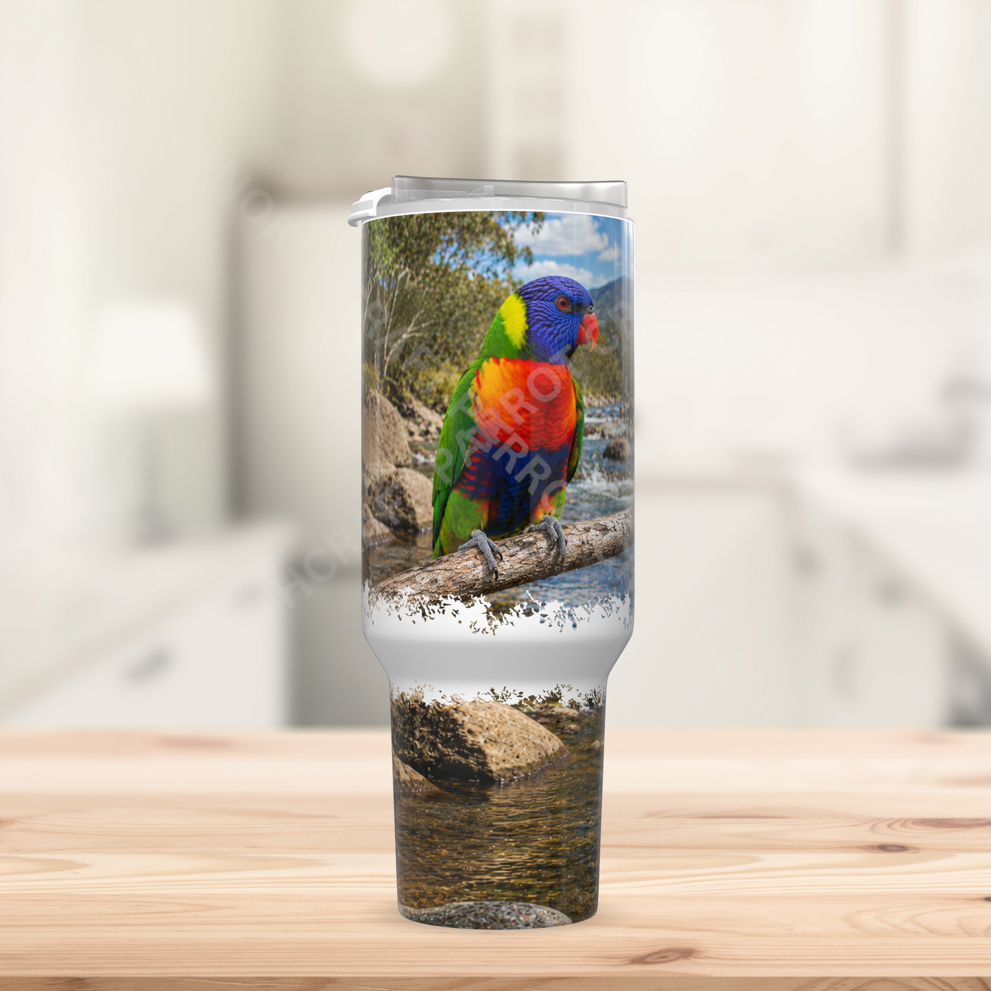 Lorikeet on Branch Amid a Rock Stream 40oz Stainless Steel Parrot Tumbler
