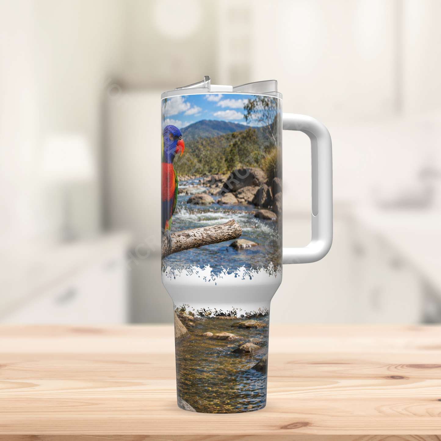 Lorikeet on Branch Amid a Rock Stream 40oz Stainless Steel Parrot Tumbler