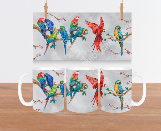 Macaw Flock on Branch, Grey Background 15oz Ceramic Mug