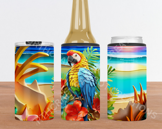 Macaw on Beach with Tropical Flowers 4-in-1 Stainless Steel Can Cooler