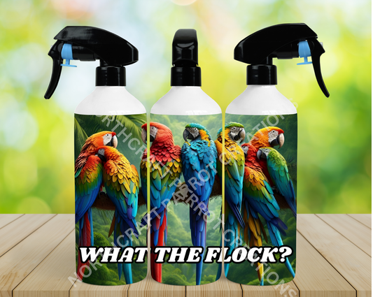 Macaws Perched on Branch "What the Flock" 16oz Misting Spray Bottle